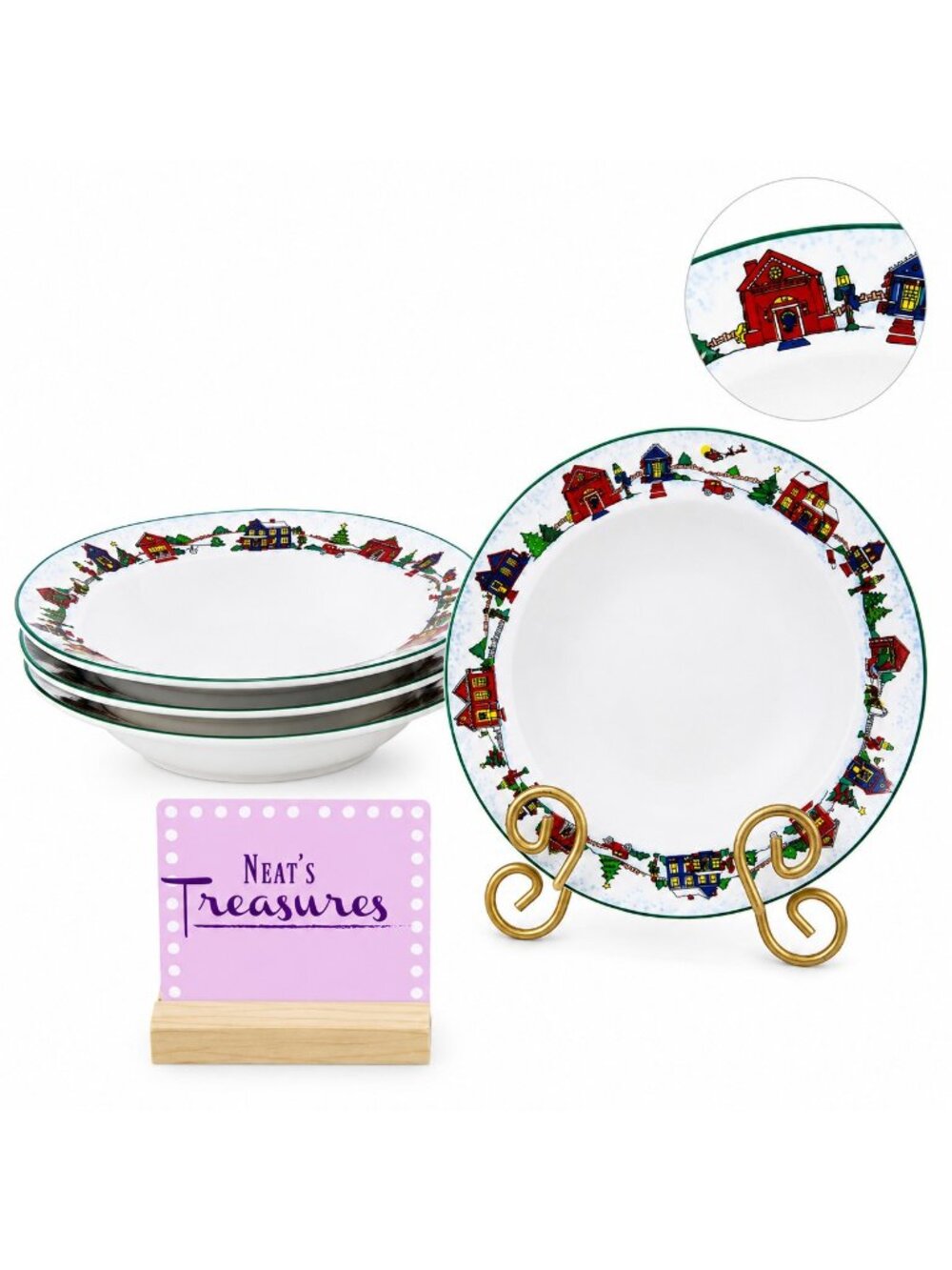 Cooks Club FALLS CHURCH Christmas Colorful Town Scene On Rimmed Soup Bowls Set 4